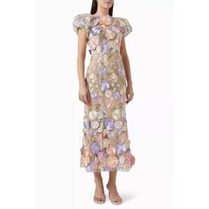 Elliatt Astraea 3D Lace Floral Puff Sleeve Maxi Dress Fairy Boho Blue Pink Sz M